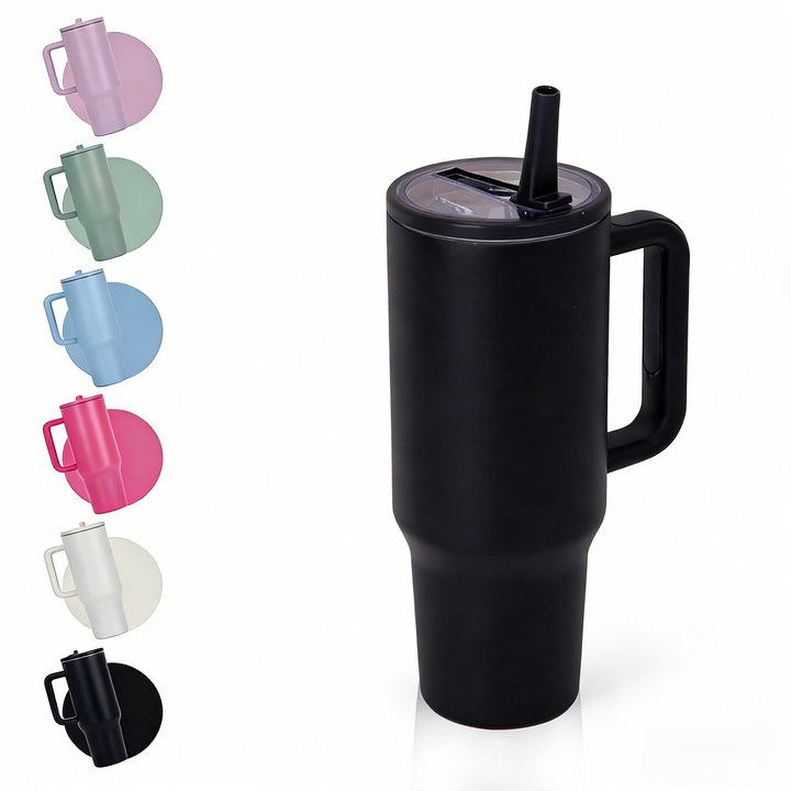 40oz Stainless Steel Insulated Tumbler with Handle & Flip Straw – Black – Keeps Drinks Hot & Cold