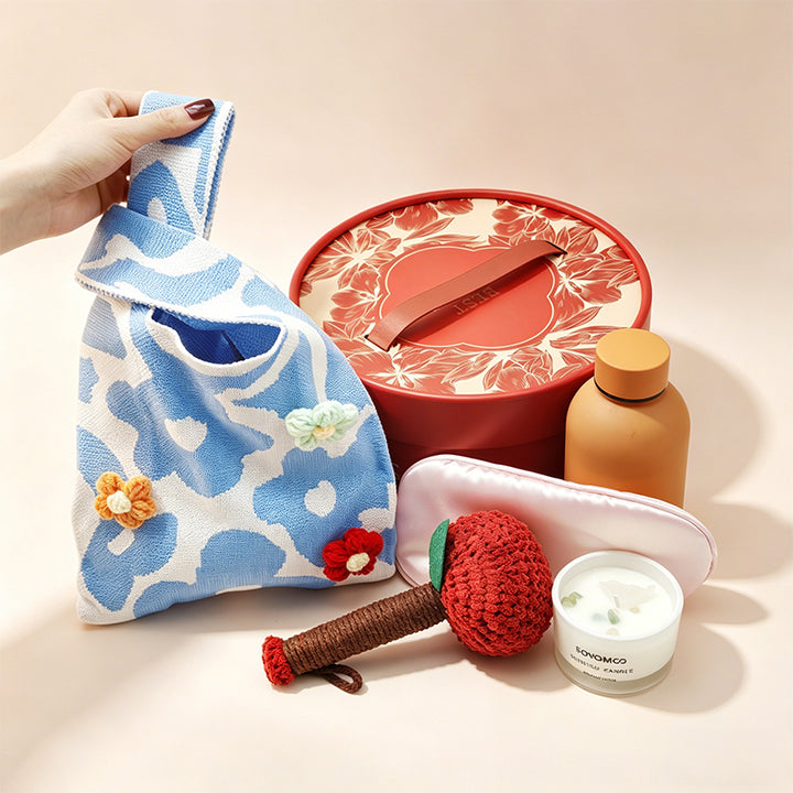 Handmade Crochet Self-Care Gift Set - Personalized Wellness Box with Knitted Bag & Accessories