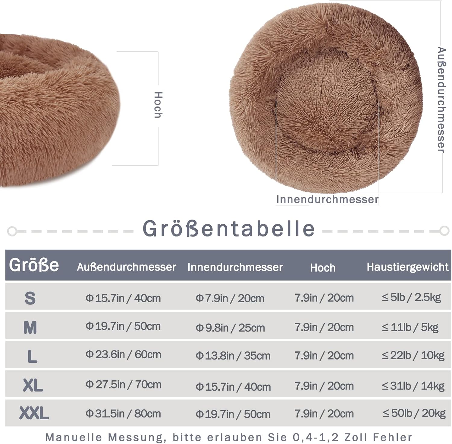 Calming Dog and Cat Bed Donut - 19.7'' Dog Bed Small, Fluffy Cat Anti Anxiety Beds for Indoor Cats, Washable Pet Bed with Non-Skid Bottom for Dogs and Cats, Light Grey M(19.7in/50cm)