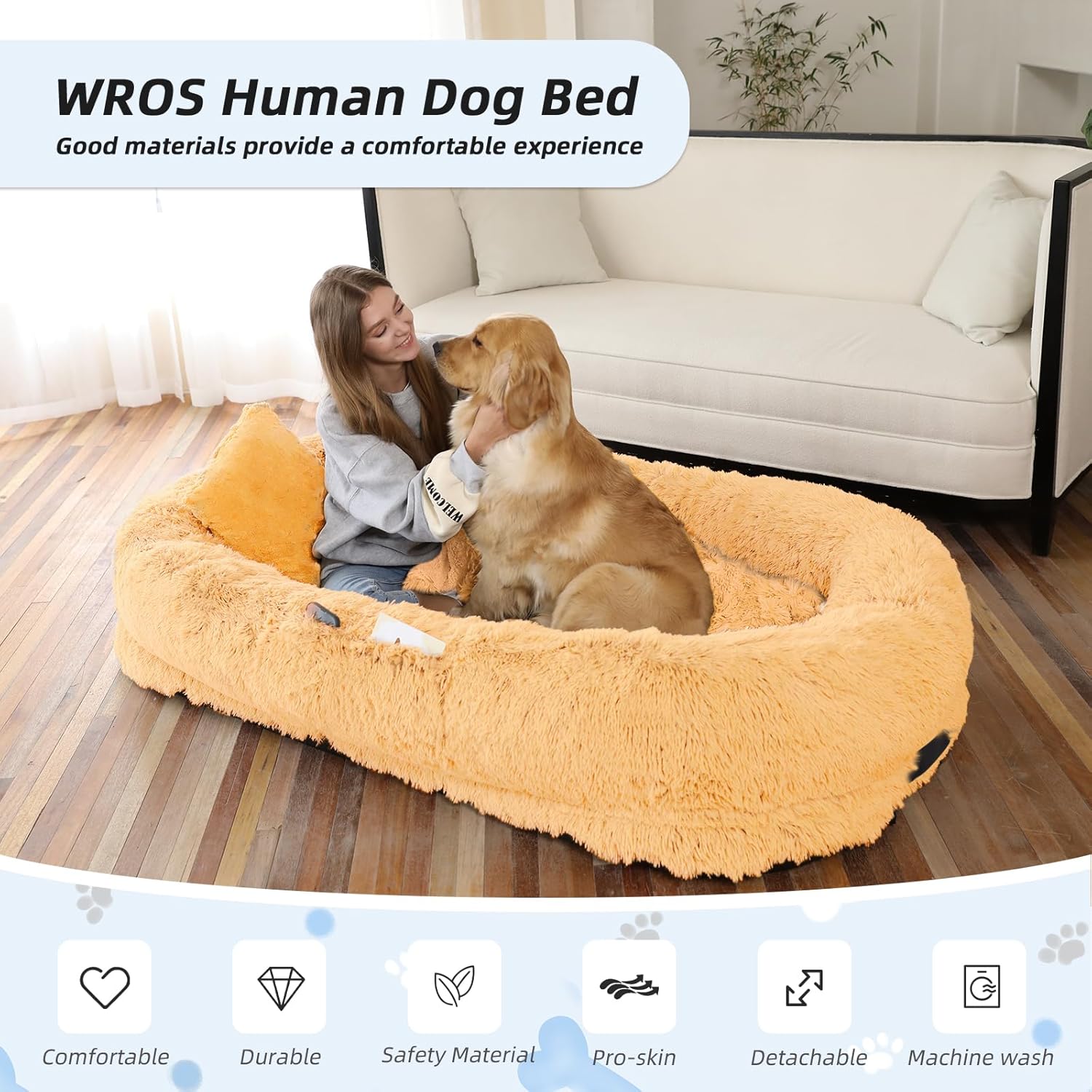 Human Dog Bed - 71"x45"x12" Fits You & Pets, Washable Faux Fur, Orthopedic, Plump Pillow, Blanket, Strap - Grey
