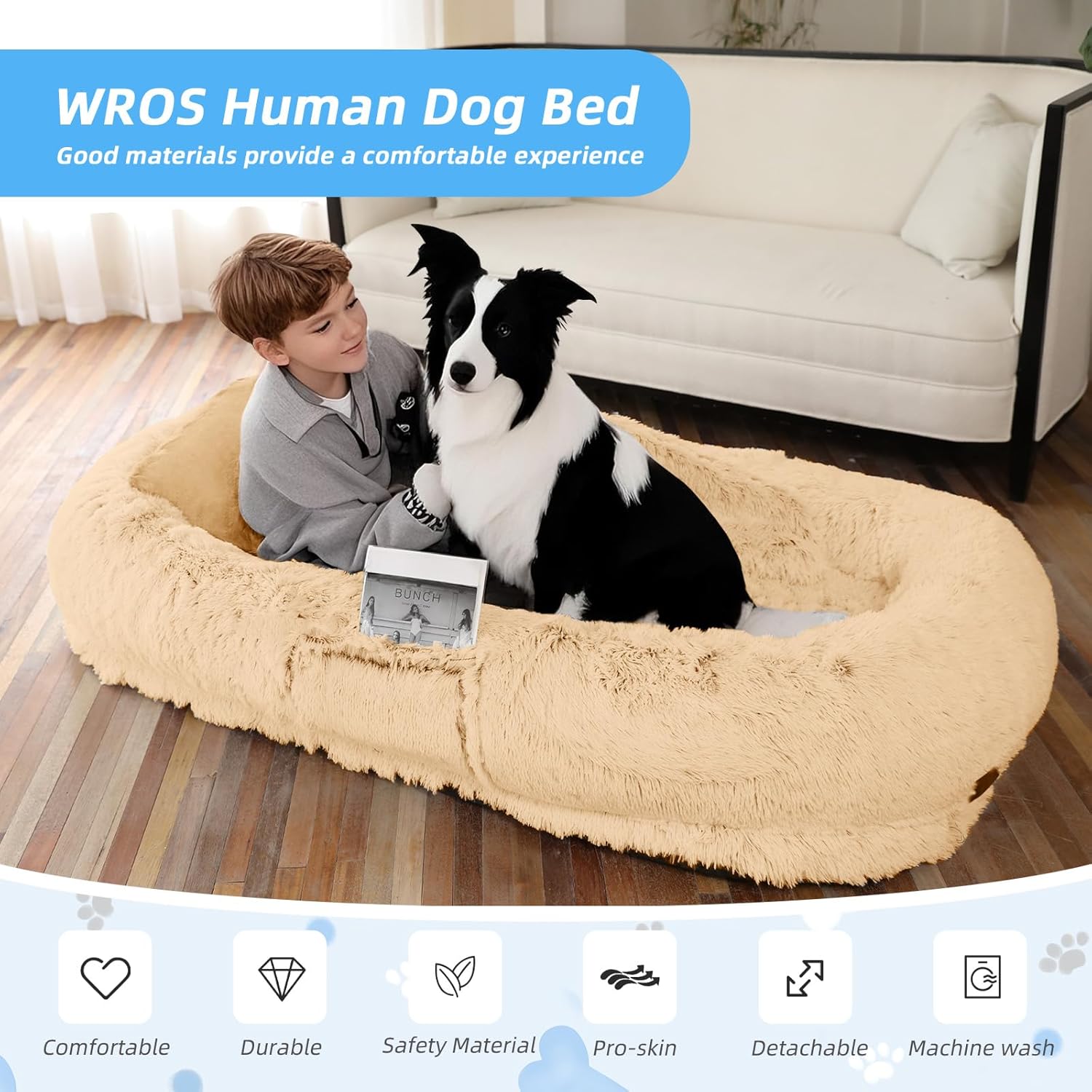 Human Dog Bed - 71"x45"x12" Fits You & Pets, Washable Faux Fur, Orthopedic, Plump Pillow, Blanket, Strap - Grey