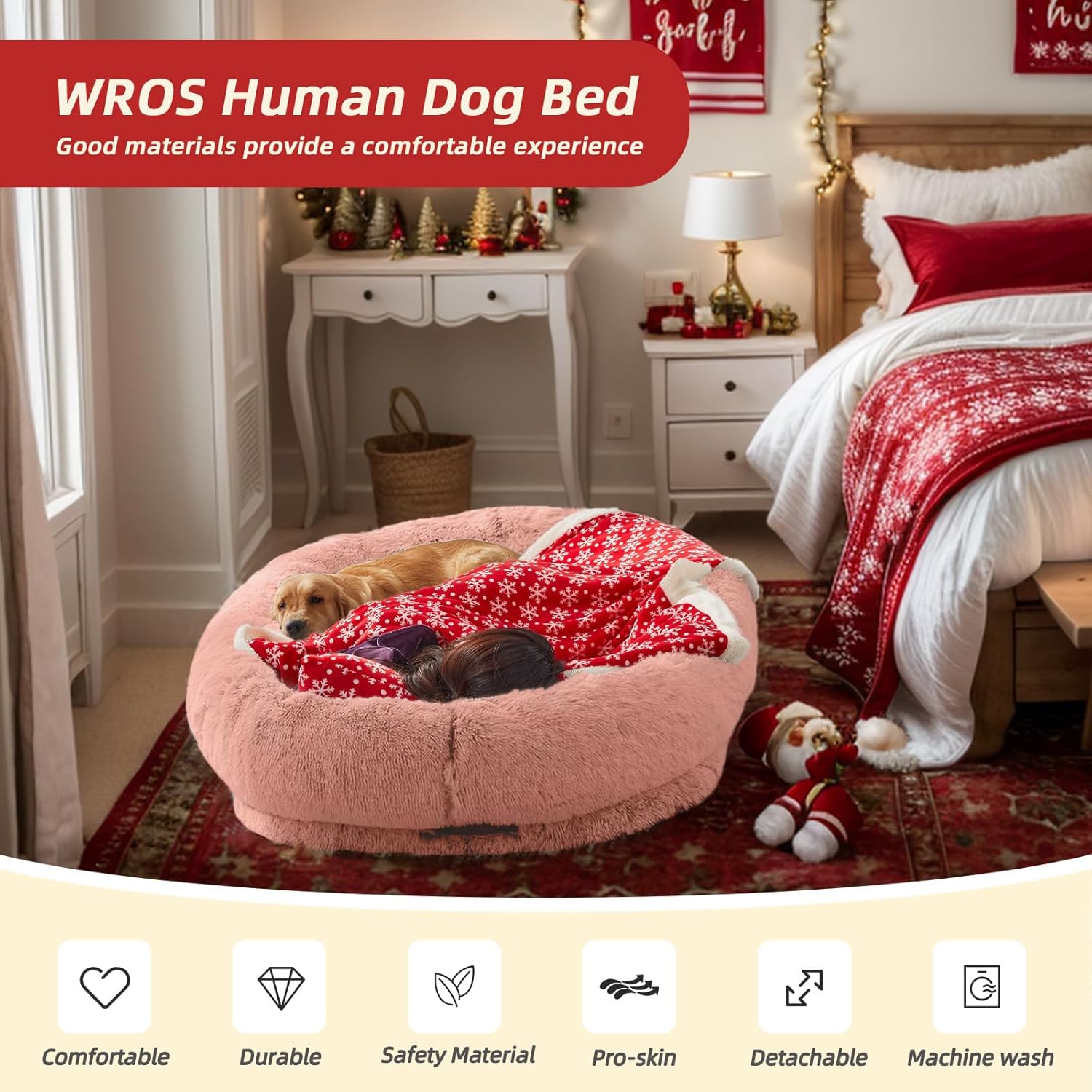 Human Dog Bed - 71"x45"x12" Fits You & Pets, Washable Faux Fur, Orthopedic, Plump Pillow, Blanket, Strap - Grey