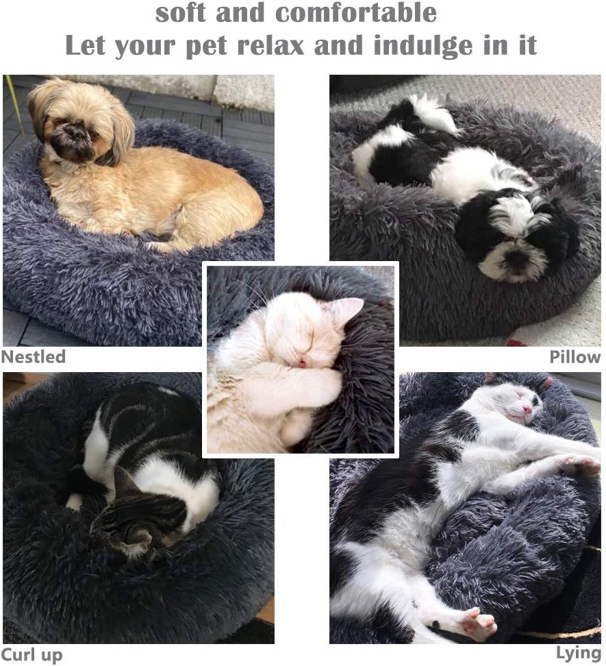 Calming Dog and Cat Bed Donut - 19.7'' Dog Bed Small, Fluffy Cat Anti Anxiety Beds for Indoor Cats, Washable Pet Bed with Non-Skid Bottom for Dogs and Cats, Light Grey M(19.7in/50cm)