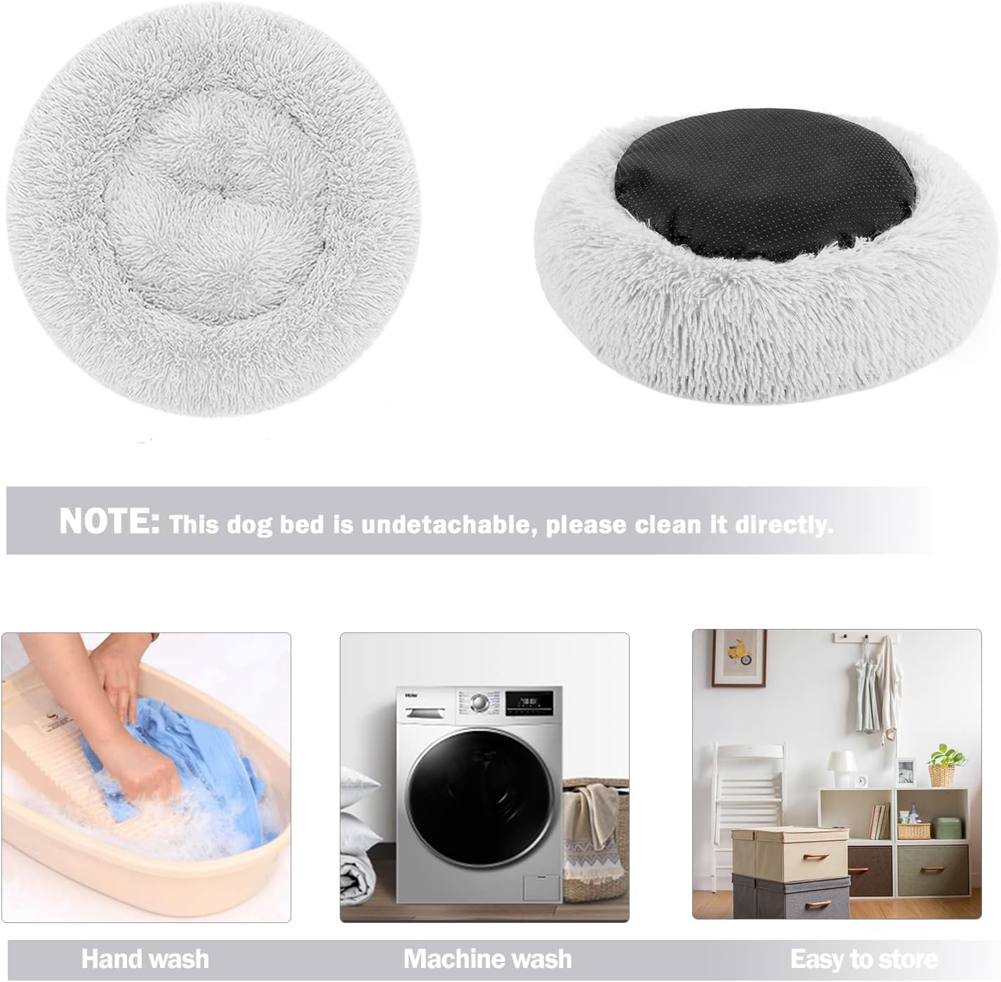 Calming Dog and Cat Bed Donut - 19.7'' Dog Bed Small, Fluffy Cat Anti Anxiety Beds for Indoor Cats, Washable Pet Bed with Non-Skid Bottom for Dogs and Cats, Light Grey M(19.7in/50cm)
