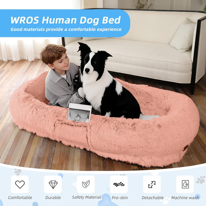 Human Dog Bed - 71"x45"x12" Fits You & Pets, Washable Faux Fur, Orthopedic, Plump Pillow, Blanket, Strap - Grey