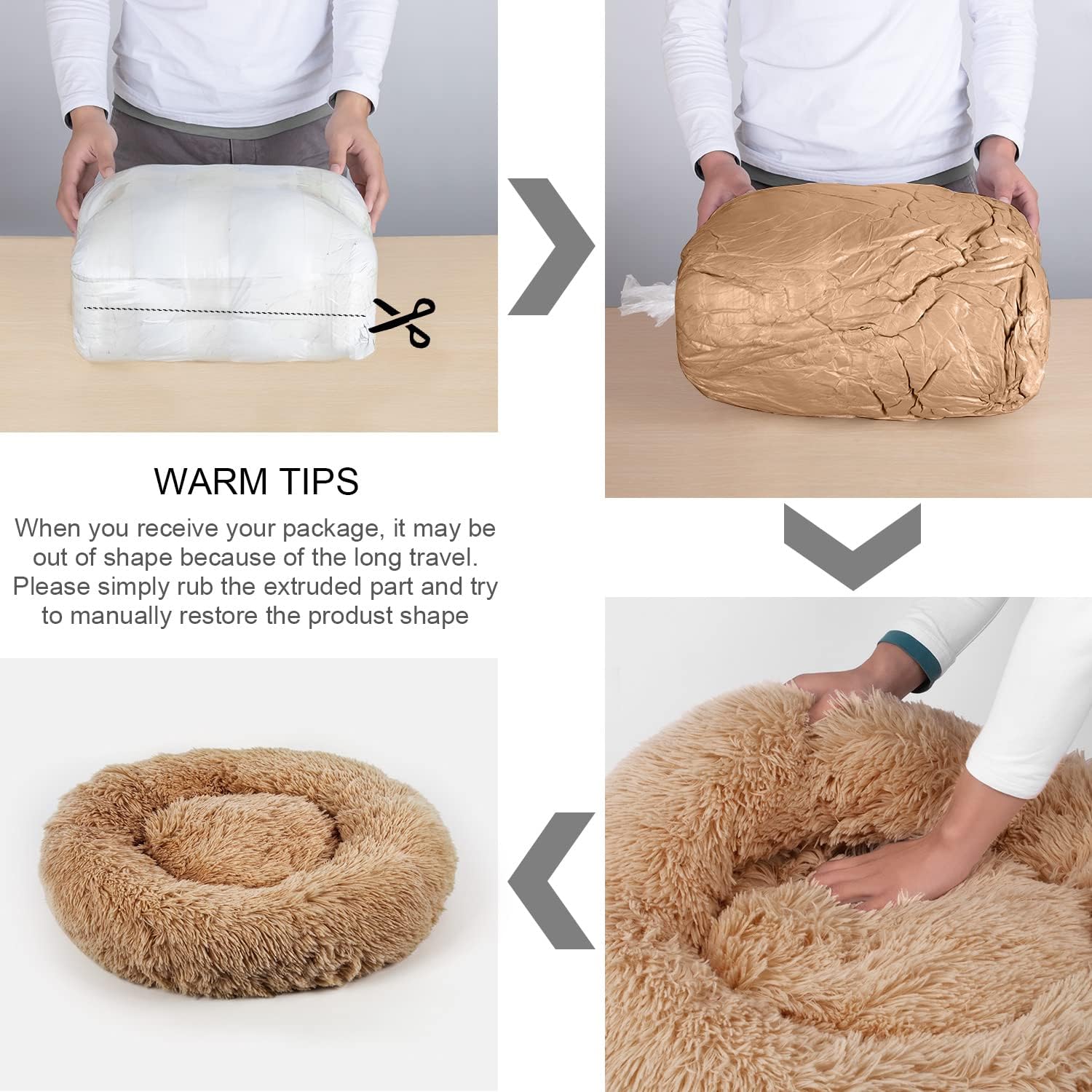 Dog Bed, Cat Calming Bed, Faux Fur Pillow Pet Donut Cuddler Round Plush Bed for Large Medium Small Dogs and Cats Camel