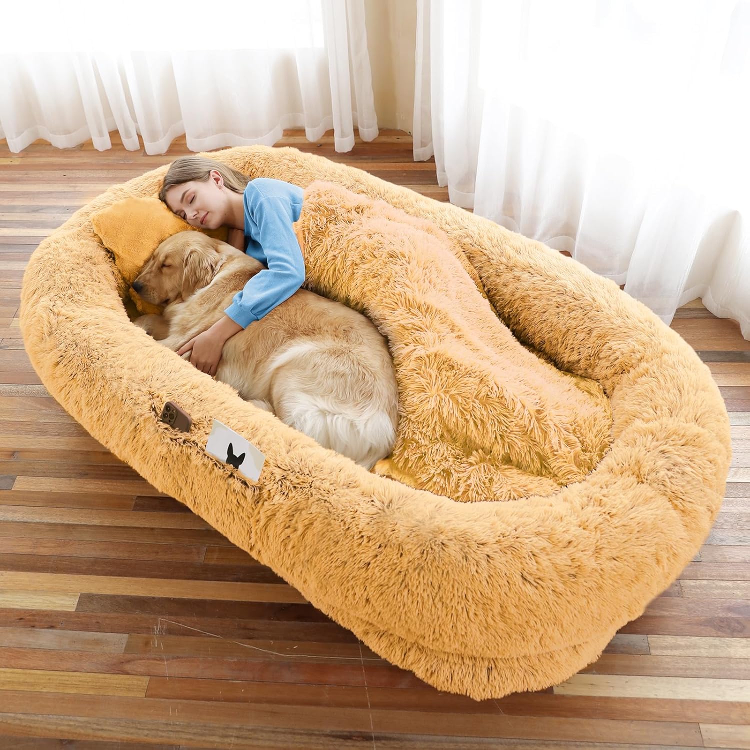 Human Dog Bed - 71"x45"x12" Fits You & Pets, Washable Faux Fur, Orthopedic, Plump Pillow, Blanket, Strap - Grey