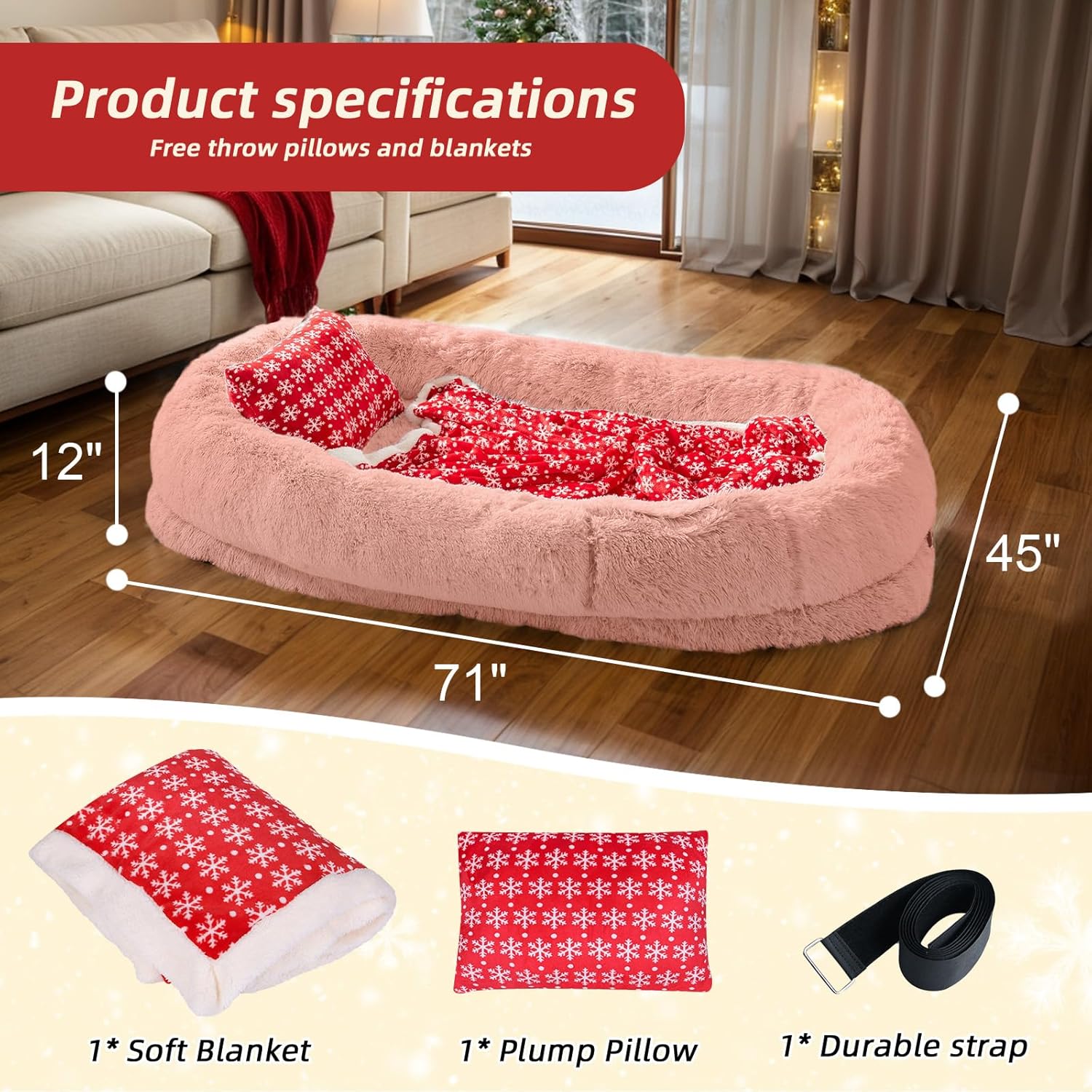 Human Dog Bed - 71"x45"x12" Fits You & Pets, Washable Faux Fur, Orthopedic, Plump Pillow, Blanket, Strap - Grey