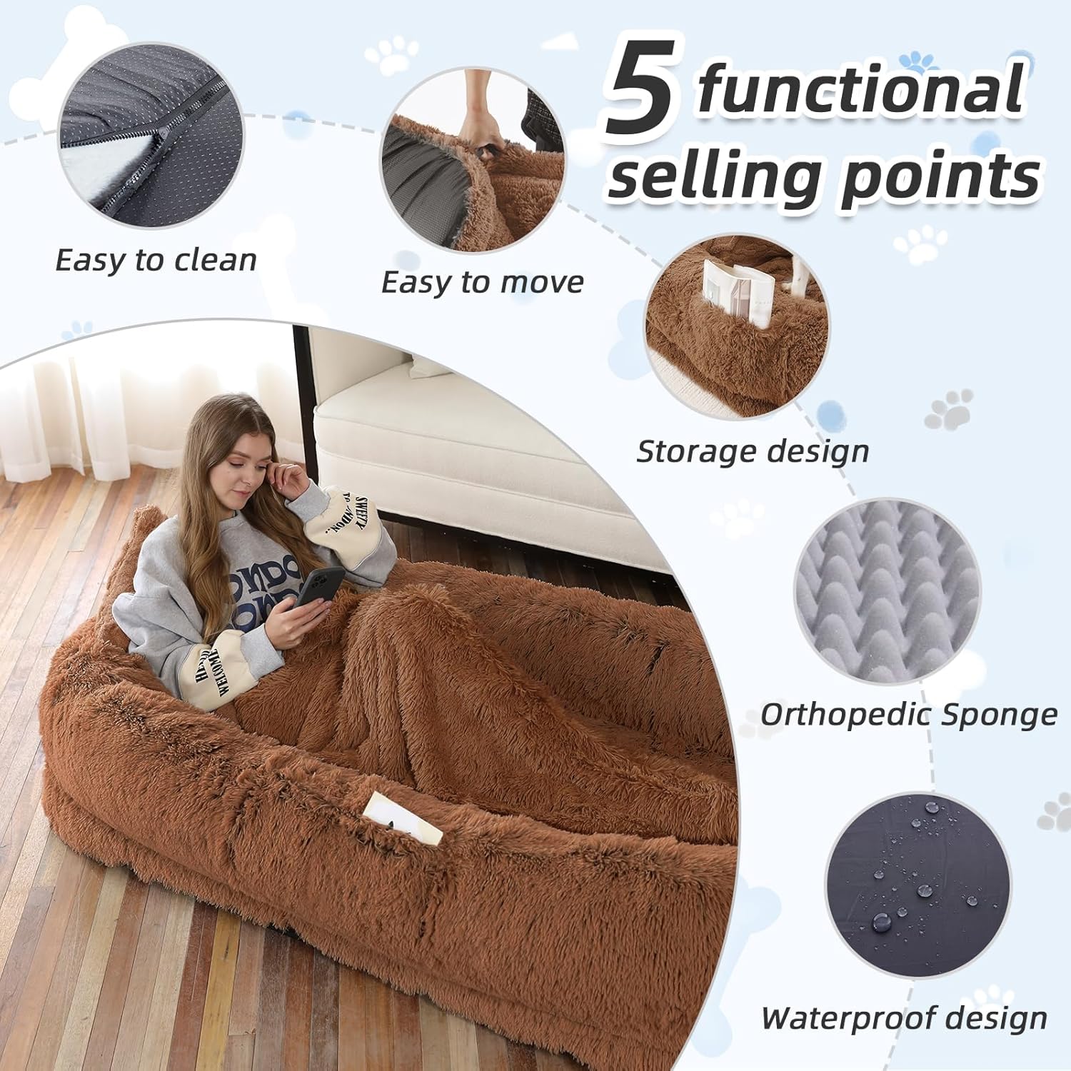 Human Dog Bed - 71"x45"x12" Fits You & Pets, Washable Faux Fur, Orthopedic, Plump Pillow, Blanket, Strap - Grey