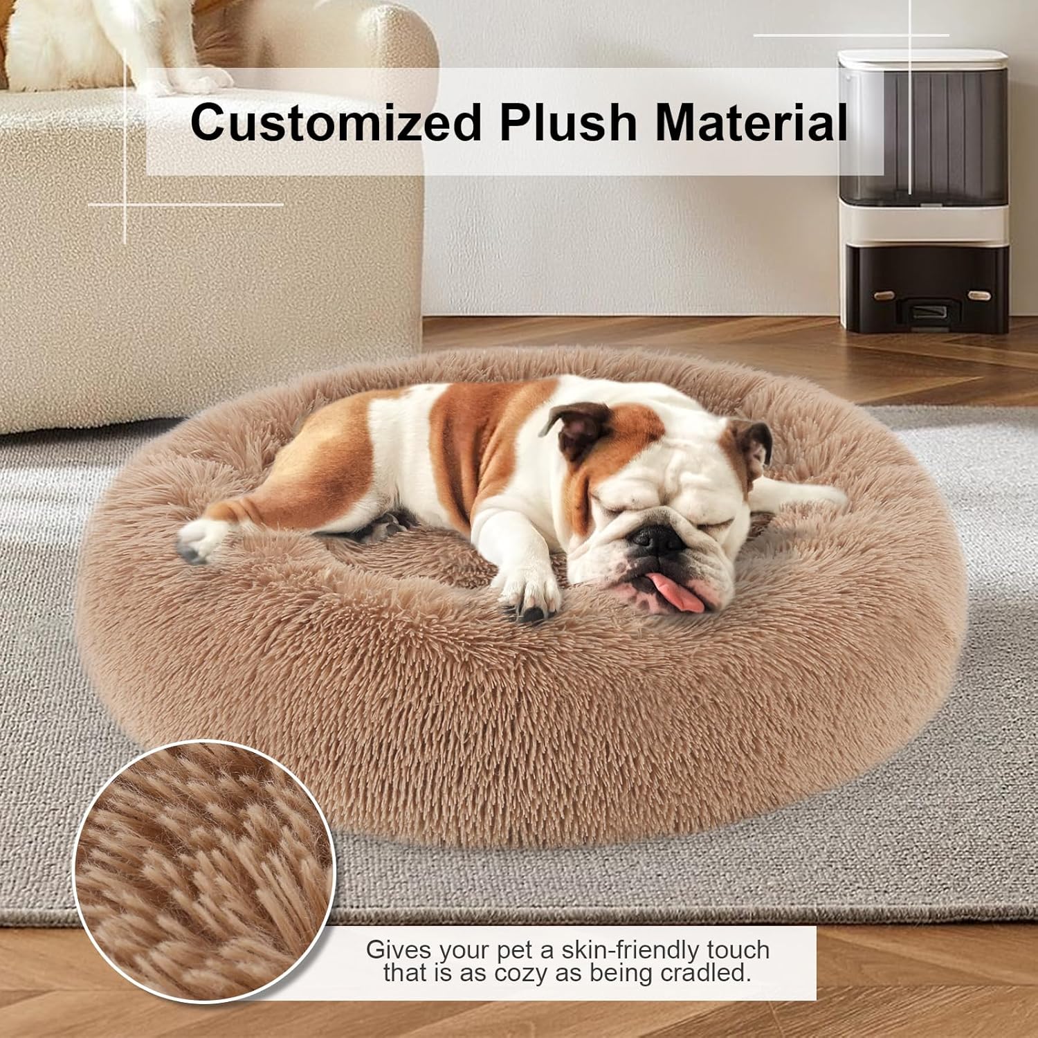 Dog Bed, Cat Calming Bed, Faux Fur Pillow Pet Donut Cuddler Round Plush Bed for Large Medium Small Dogs and Cats Camel
