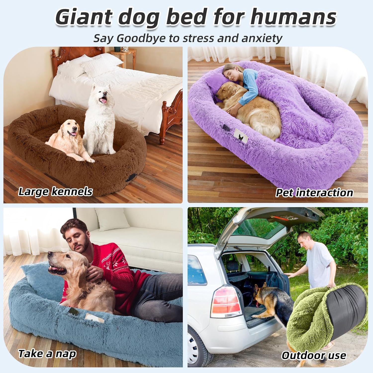 Human Dog Bed - 71"x45"x12" Fits You & Pets, Washable Faux Fur, Orthopedic, Plump Pillow, Blanket, Strap - Grey