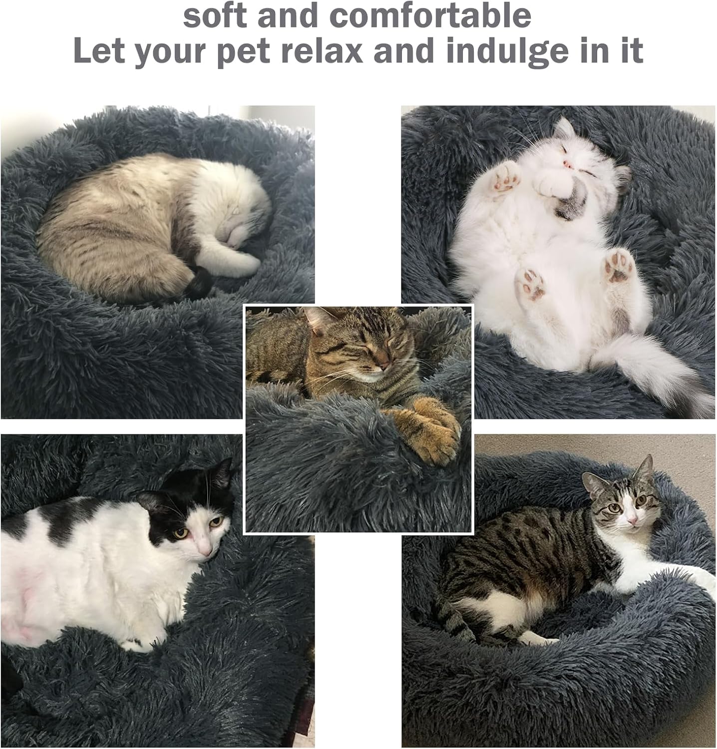 Calming Dog and Cat Bed Donut - 19.7'' Dog Bed Small, Fluffy Cat Anti Anxiety Beds for Indoor Cats, Washable Pet Bed with Non-Skid Bottom for Dogs and Cats, Light Grey M(19.7in/50cm)