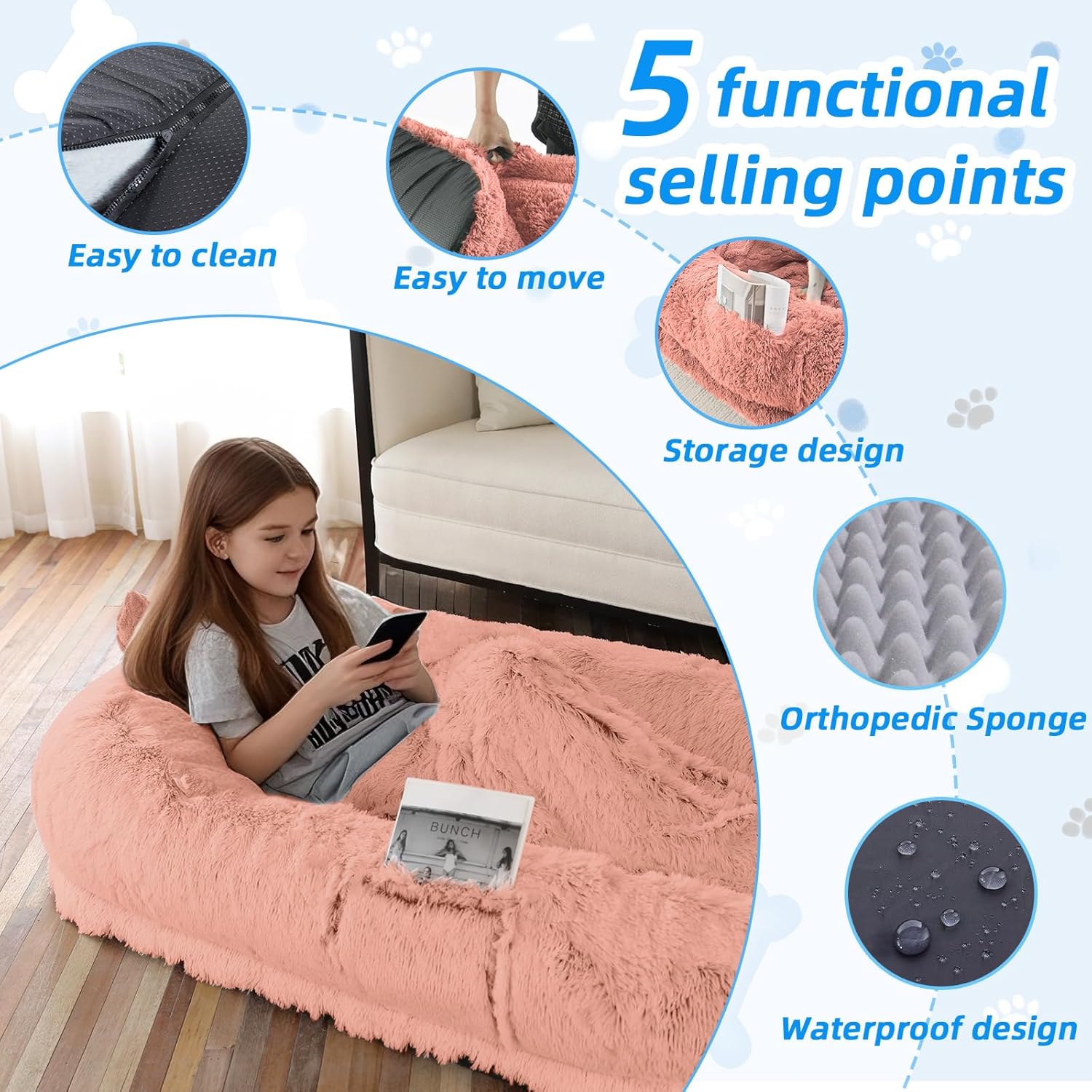 Human Dog Bed - 71"x45"x12" Fits You & Pets, Washable Faux Fur, Orthopedic, Plump Pillow, Blanket, Strap - Grey