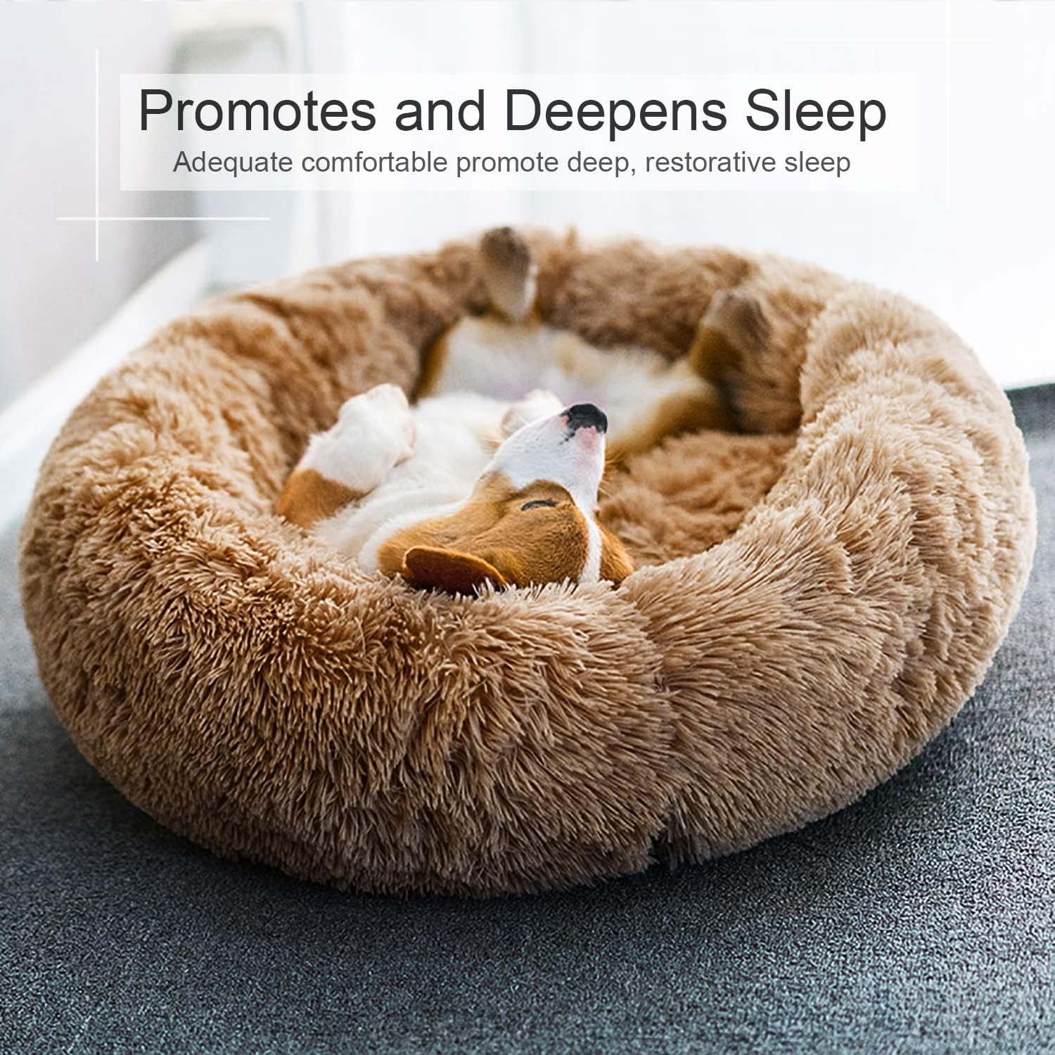 Dog Bed, Cat Calming Bed, Faux Fur Pillow Pet Donut Cuddler Round Plush Bed for Large Medium Small Dogs and Cats Camel