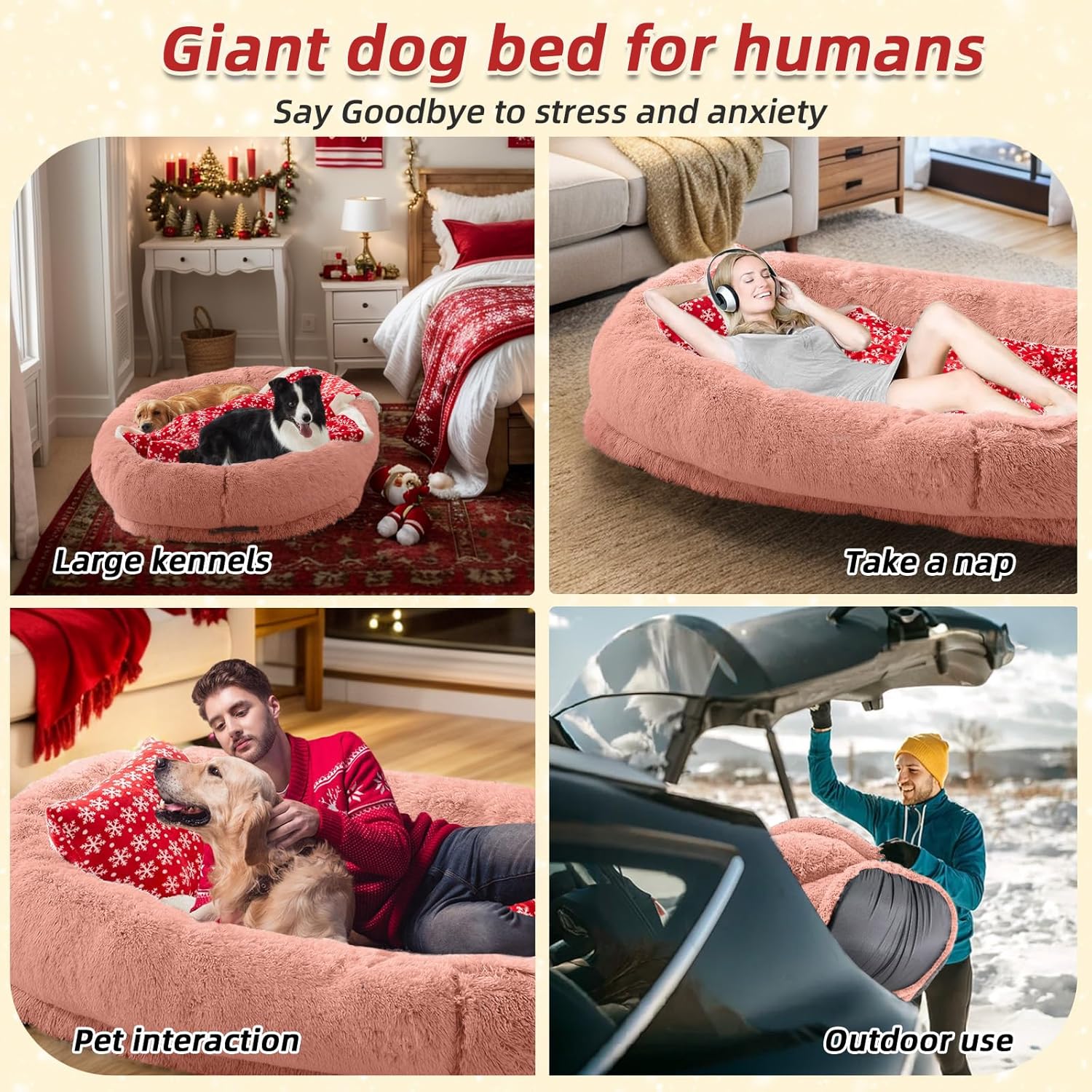 Human Dog Bed - 71"x45"x12" Fits You & Pets, Washable Faux Fur, Orthopedic, Plump Pillow, Blanket, Strap - Grey