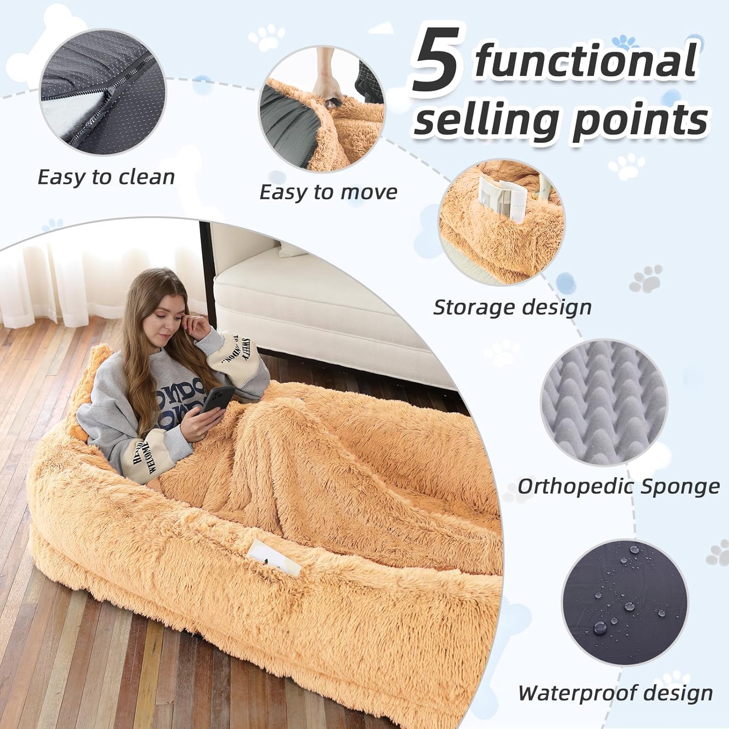 Human Dog Bed - 71"x45"x12" Fits You & Pets, Washable Faux Fur, Orthopedic, Plump Pillow, Blanket, Strap - Grey