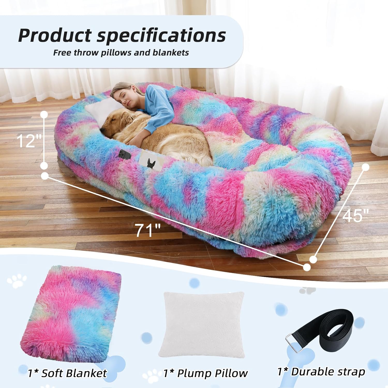 Human Dog Bed - 71"x45"x12" Fits You & Pets, Washable Faux Fur, Orthopedic, Plump Pillow, Blanket, Strap - Grey