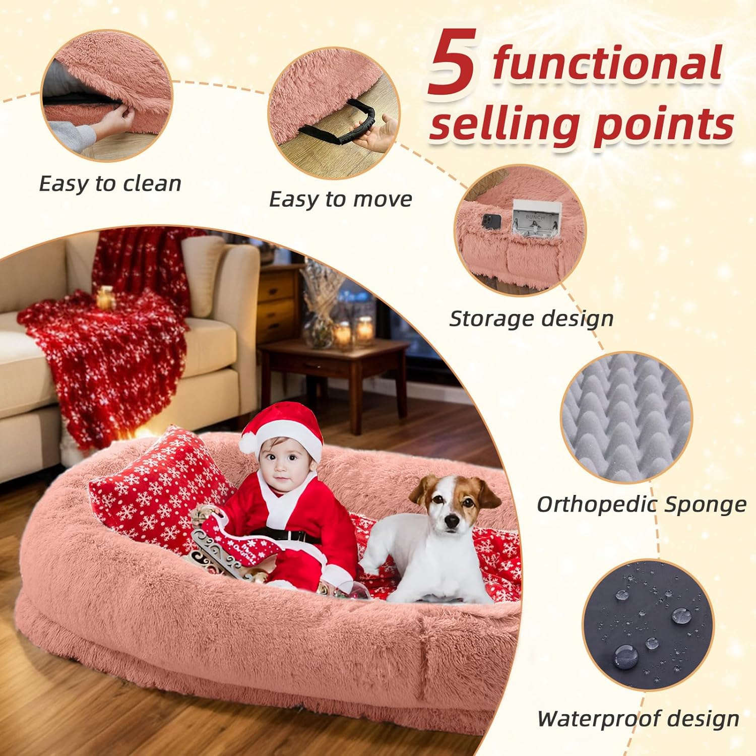 Human Dog Bed - 71"x45"x12" Fits You & Pets, Washable Faux Fur, Orthopedic, Plump Pillow, Blanket, Strap - Grey