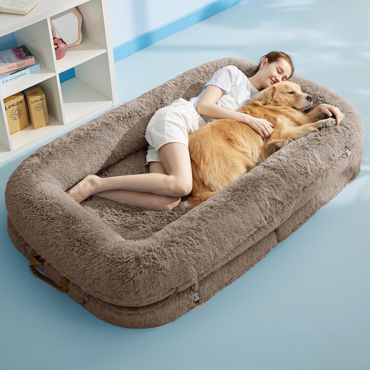 Foldable Human Dog Bed - 3 in 1 Flexible Giant Human Dog Bed for Adult People with Supportive Bolster Egg Foam, Waterproof Liner, Calming Fluffy Faux Fur Orthopedic Big Bean Bed, Charcoal