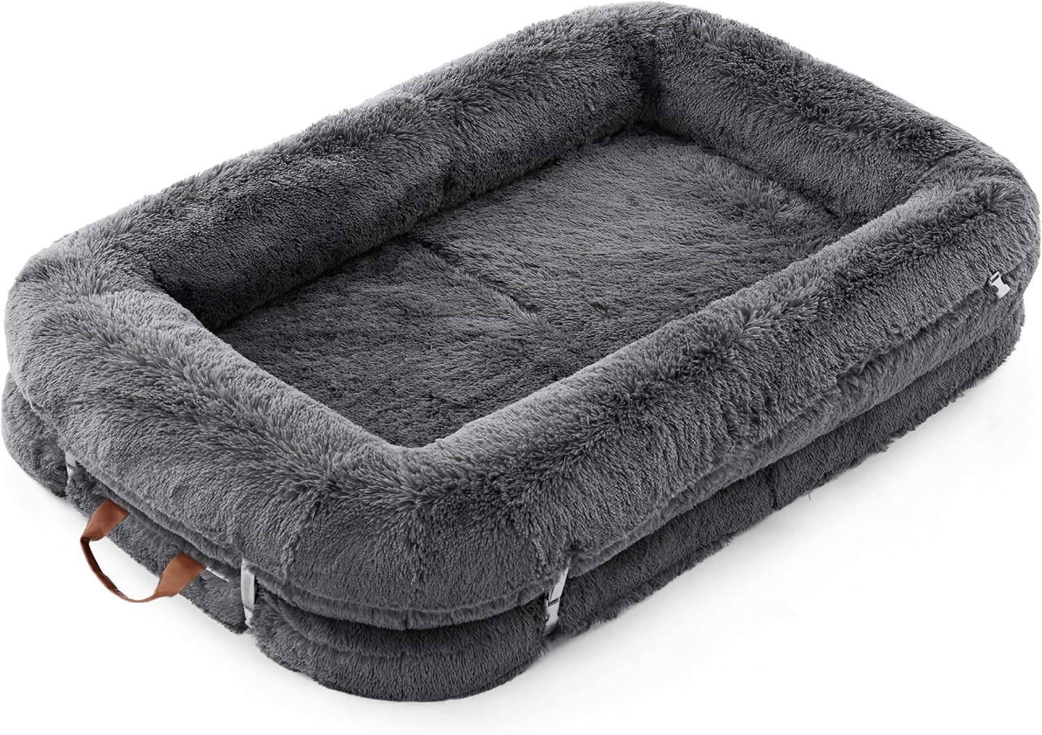 Foldable Human Dog Bed - 3 in 1 Flexible Giant Human Dog Bed for Adult People with Supportive Bolster Egg Foam, Waterproof Liner, Calming Fluffy Faux Fur Orthopedic Big Bean Bed, Charcoal