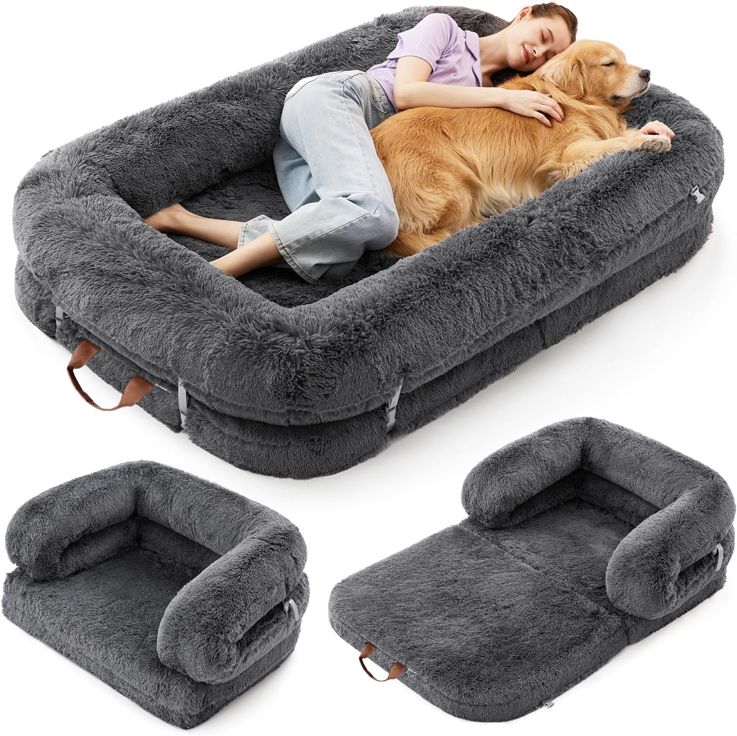 Foldable Human Dog Bed - 3 in 1 Flexible Giant Human Dog Bed for Adult People with Supportive Bolster Egg Foam, Waterproof Liner, Calming Fluffy Faux Fur Orthopedic Big Bean Bed, Charcoal