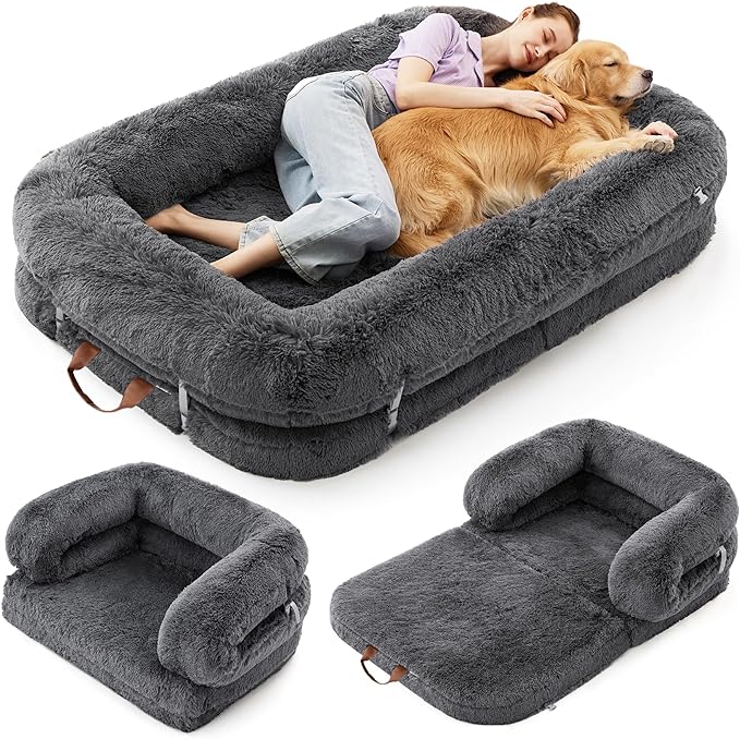 Foldable Human Dog Bed - 3 in 1 Flexible Giant Human Dog Bed for Adult People with Supportive Bolster Egg Foam, Waterproof Liner, Calming Fluffy Faux Fur Orthopedic Big Bean Bed, Charcoal