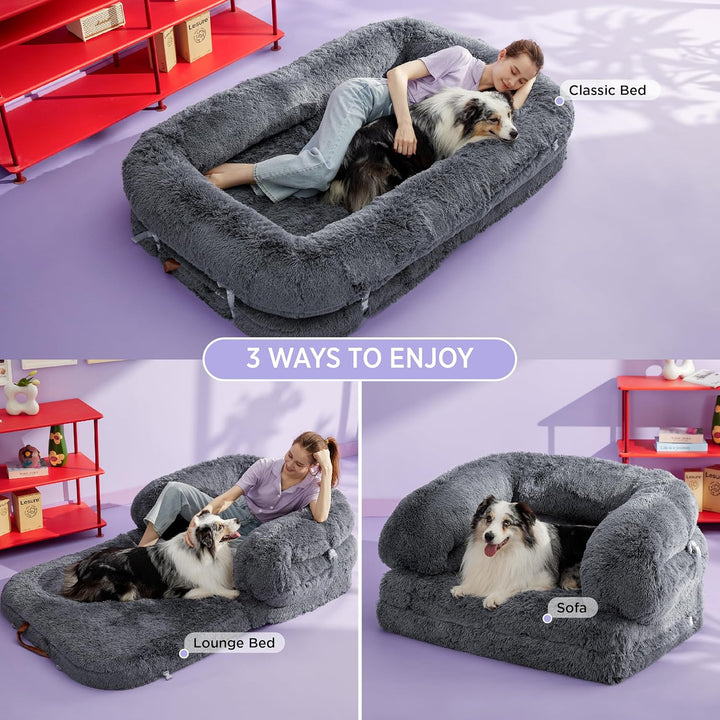 Foldable Human Dog Bed - 3 in 1 Flexible Giant Human Dog Bed for Adult People with Supportive Bolster Egg Foam, Waterproof Liner, Calming Fluffy Faux Fur Orthopedic Big Bean Bed, Charcoal