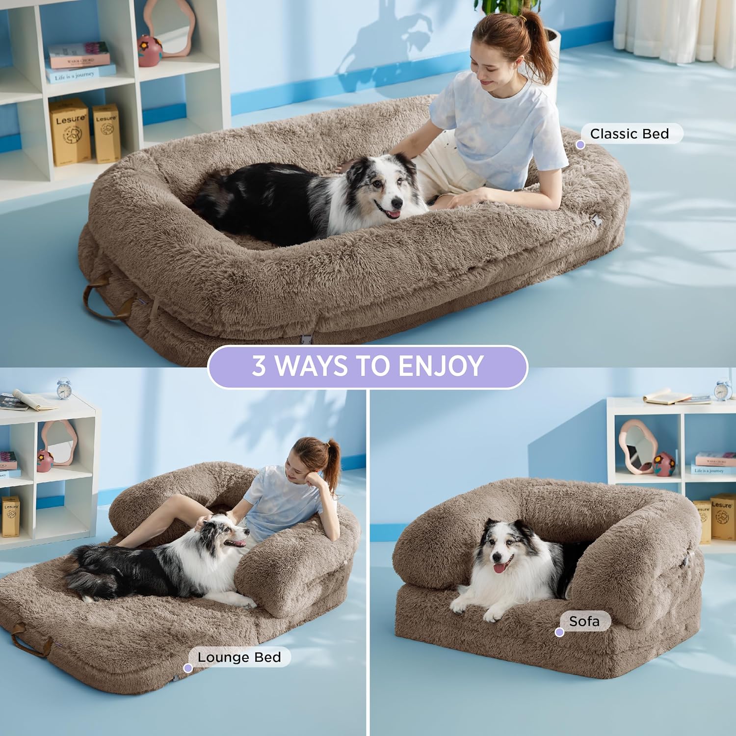 Foldable Human Dog Bed - 3 in 1 Flexible Giant Human Dog Bed for Adult People with Supportive Bolster Egg Foam, Waterproof Liner, Calming Fluffy Faux Fur Orthopedic Big Bean Bed, Charcoal