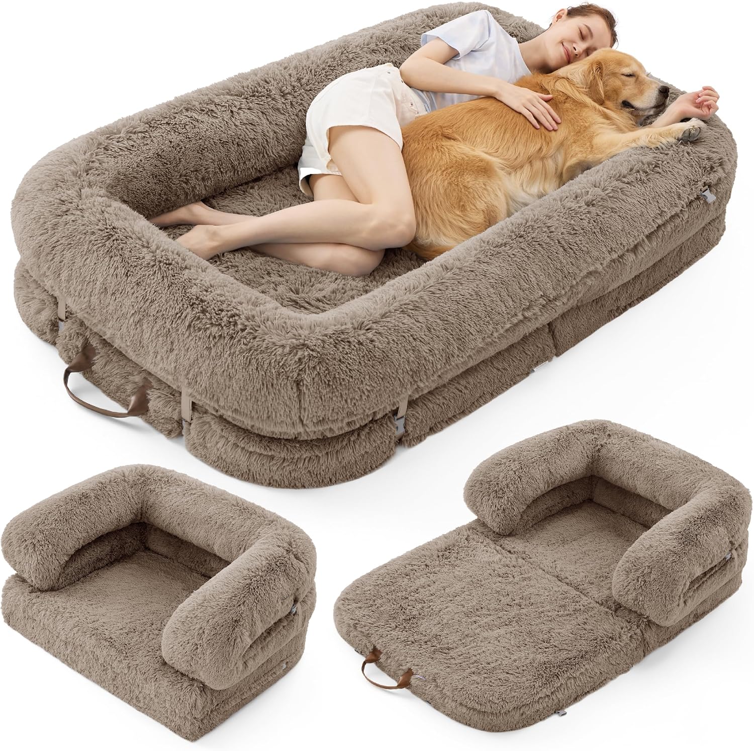 Foldable Human Dog Bed - 3 in 1 Flexible Giant Human Dog Bed for Adult People with Supportive Bolster Egg Foam, Waterproof Liner, Calming Fluffy Faux Fur Orthopedic Big Bean Bed, Charcoal