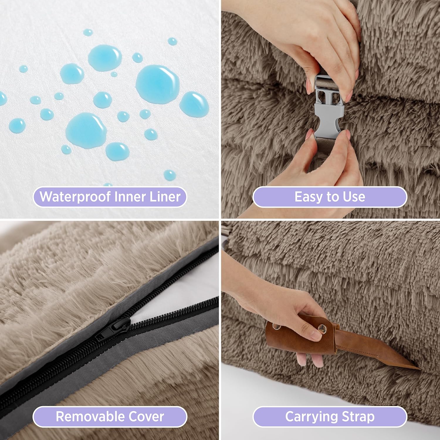 Foldable Human Dog Bed - 3 in 1 Flexible Giant Human Dog Bed for Adult People with Supportive Bolster Egg Foam, Waterproof Liner, Calming Fluffy Faux Fur Orthopedic Big Bean Bed, Charcoal