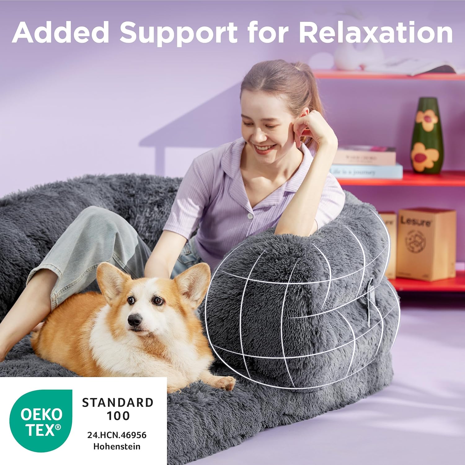 Foldable Human Dog Bed - 3 in 1 Flexible Giant Human Dog Bed for Adult People with Supportive Bolster Egg Foam, Waterproof Liner, Calming Fluffy Faux Fur Orthopedic Big Bean Bed, Charcoal