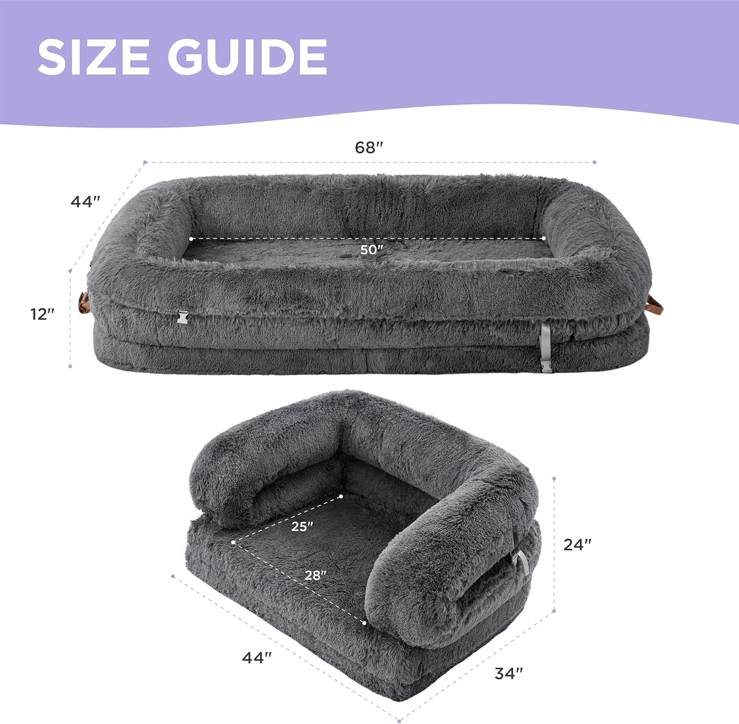 Foldable Human Dog Bed - 3 in 1 Flexible Giant Human Dog Bed for Adult People with Supportive Bolster Egg Foam, Waterproof Liner, Calming Fluffy Faux Fur Orthopedic Big Bean Bed, Charcoal