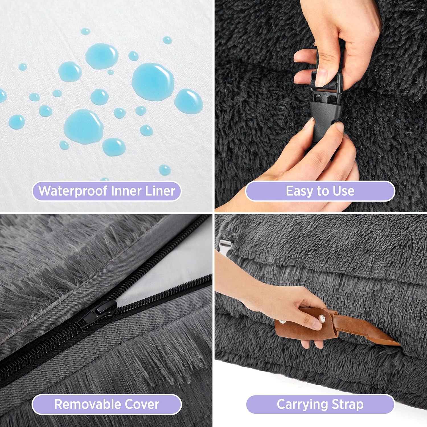 Foldable Human Dog Bed - 3 in 1 Flexible Giant Human Dog Bed for Adult People with Supportive Bolster Egg Foam, Waterproof Liner, Calming Fluffy Faux Fur Orthopedic Big Bean Bed, Charcoal