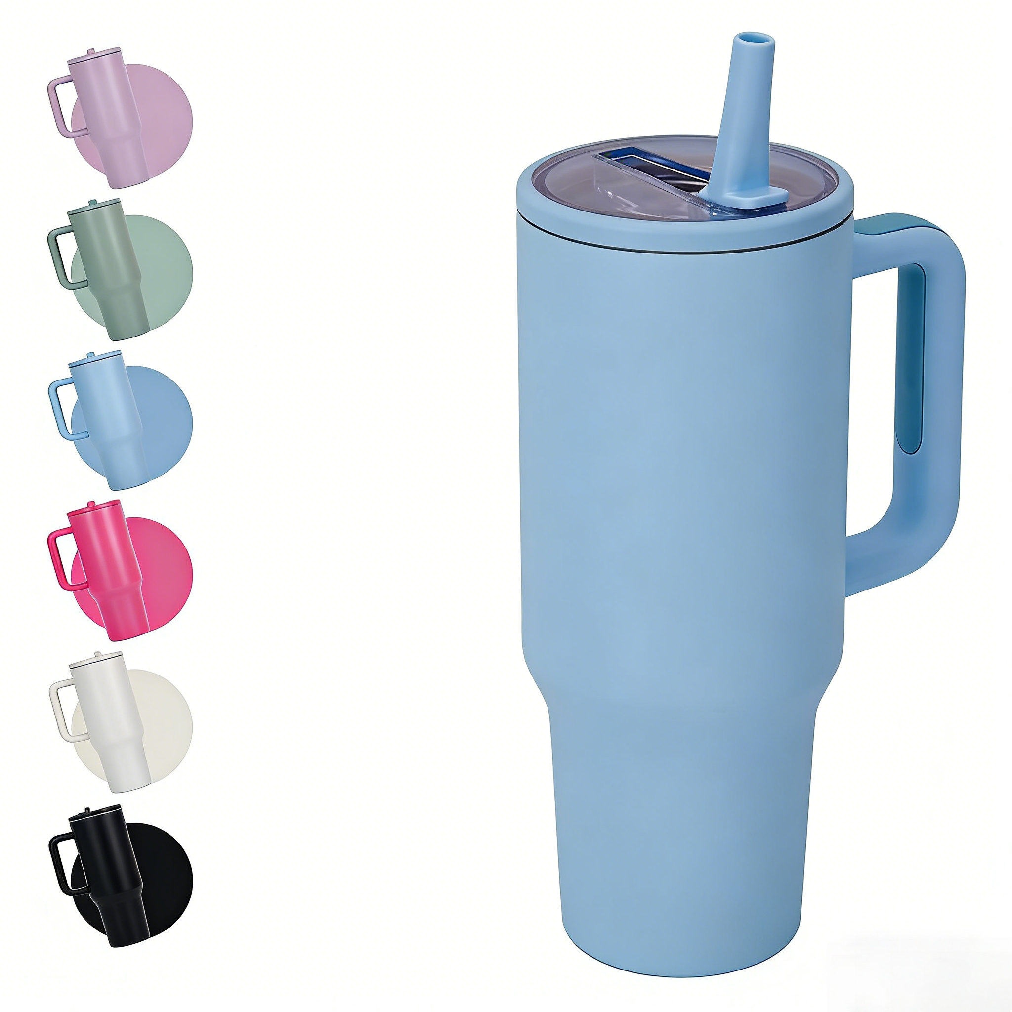 40oz Stainless Steel Insulated Tumbler with Handle & Flip Straw – Sky Blue – Keeps Drinks Hot & Cold