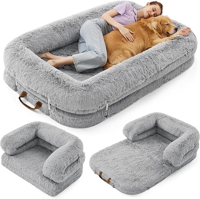 Foldable Human Dog Bed - 3 in 1 Flexible Giant Human Dog Bed for Adult People with Supportive Bolster Egg Foam, Waterproof Liner, Calming Fluffy Faux Fur Orthopedic Big Bean Bed, Charcoal