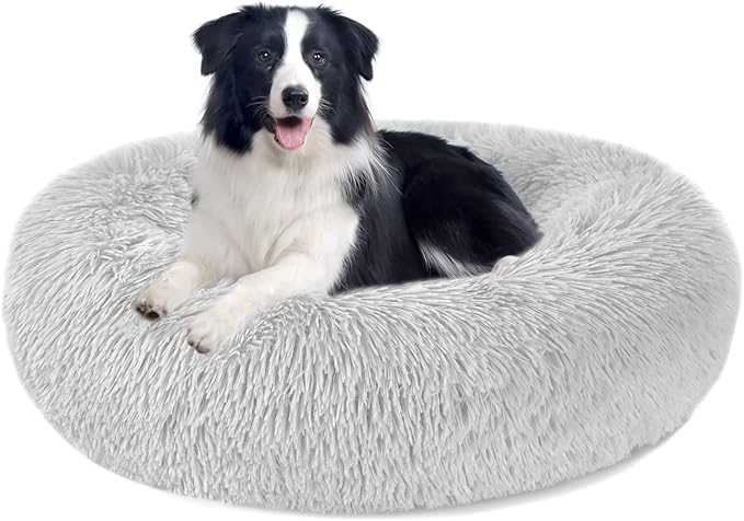 Calming Dog and Cat Bed Donut - 19.7'' Dog Bed Small, Fluffy Cat Anti Anxiety Beds for Indoor Cats, Washable Pet Bed with Non-Skid Bottom for Dogs and Cats, Light Grey M(19.7in/50cm)