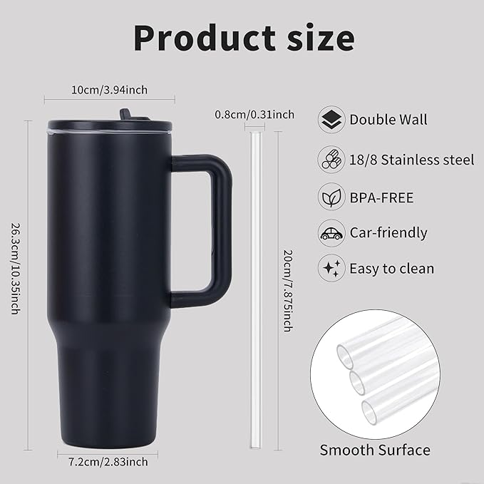 40oz Stainless Steel Insulated Tumbler with Handle & Flip Straw – Black – Keeps Drinks Hot & Cold