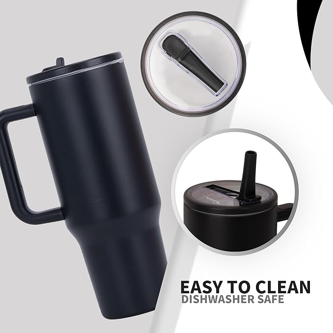 40oz Stainless Steel Insulated Tumbler with Handle & Flip Straw – Black – Keeps Drinks Hot & Cold