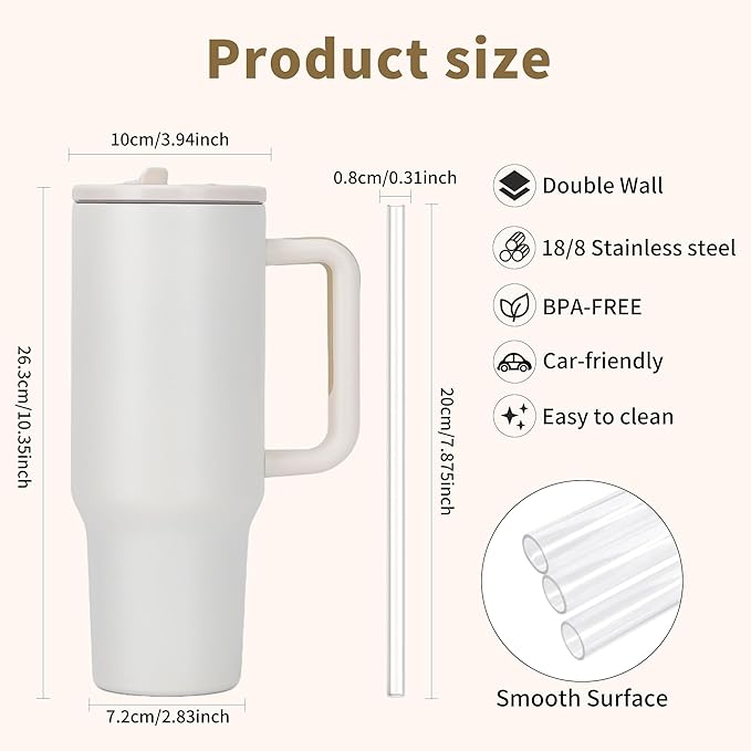 40oz Stainless Steel Insulated Tumbler with Handle & Flip Straw – Cream White – Keeps Drinks Hot & Cold