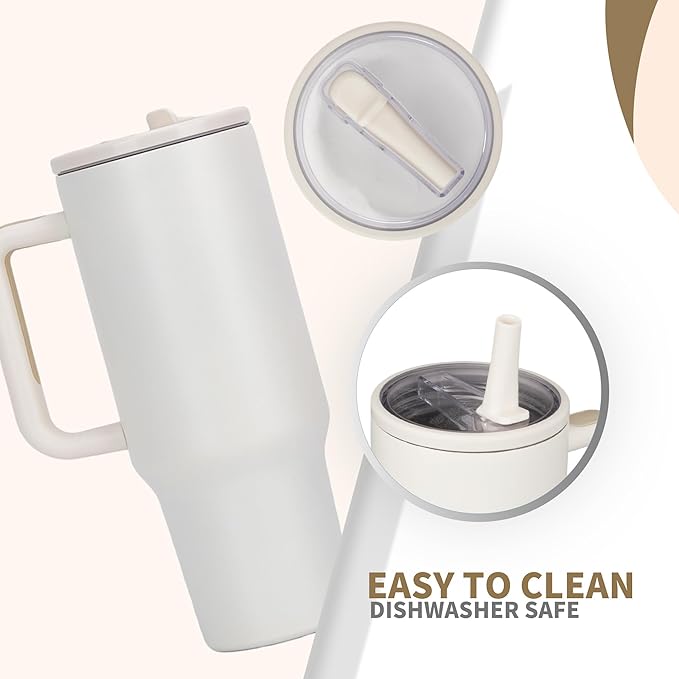 40oz Stainless Steel Insulated Tumbler with Handle & Flip Straw – Cream White – Keeps Drinks Hot & Cold