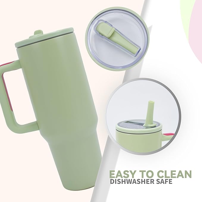 40oz Stainless Steel Insulated Tumbler with Handle & Flip Straw – Grass Green – Keeps Drinks Hot & Cold