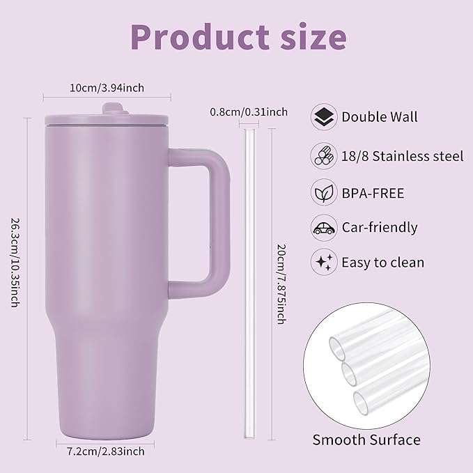 40oz Stainless Steel Insulated Tumbler with Handle & Flip Straw – Lilac Purple – Keeps Drinks Hot & Cold