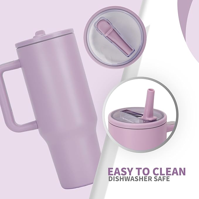 40oz Stainless Steel Insulated Tumbler with Handle & Flip Straw – Lilac Purple – Keeps Drinks Hot & Cold