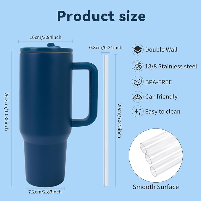 40oz Stainless Steel Insulated Tumbler with Handle & Flip Straw – Navy Blue – Keeps Drinks Hot & Cold
