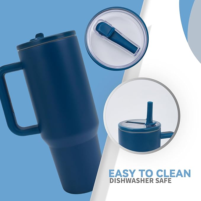 40oz Stainless Steel Insulated Tumbler with Handle & Flip Straw – Navy Blue – Keeps Drinks Hot & Cold