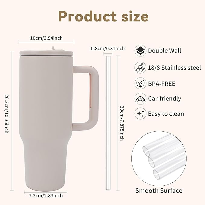 40oz Stainless Steel Insulated Tumbler with Handle & Flip Straw –  Rose Quartz – Keeps Drinks Hot & Cold