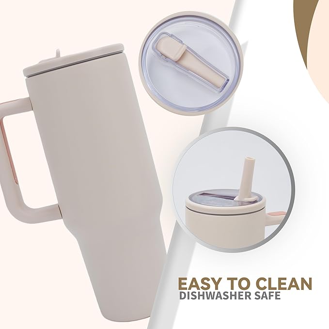 40oz Stainless Steel Insulated Tumbler with Handle & Flip Straw –  Rose Quartz – Keeps Drinks Hot & Cold
