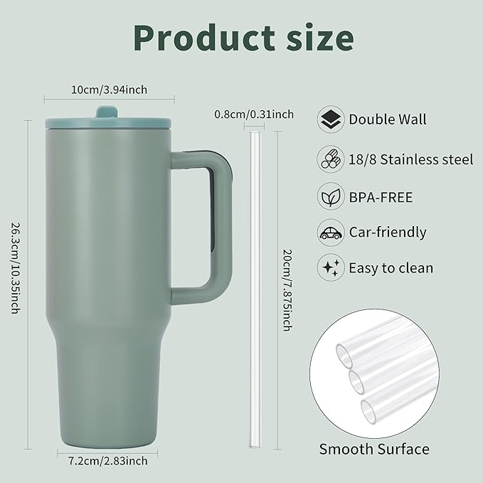 40oz Stainless Steel Insulated Tumbler with Handle & Flip Straw – Sage – Keeps Drinks Hot & Cold