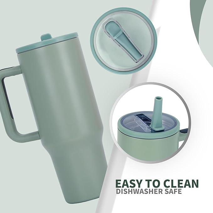 40oz Stainless Steel Insulated Tumbler with Handle & Flip Straw – Sage – Keeps Drinks Hot & Cold