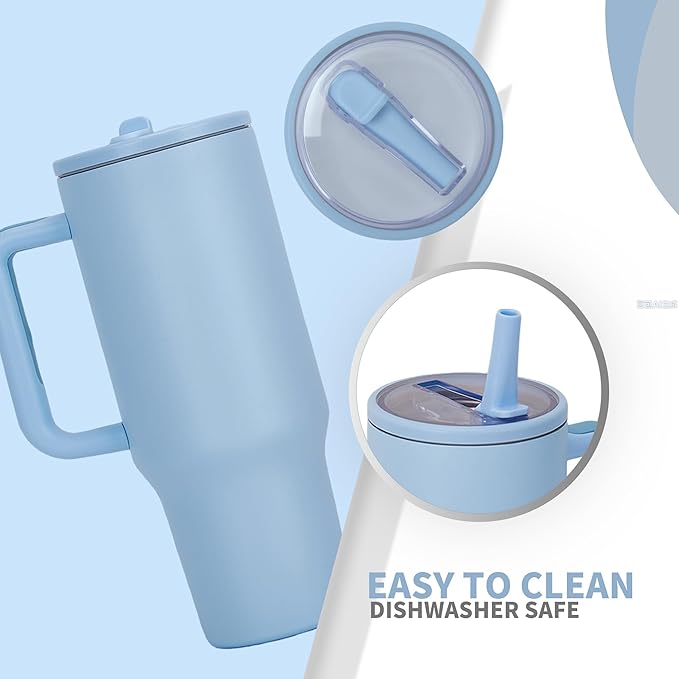 40oz Stainless Steel Insulated Tumbler with Handle & Flip Straw – Sky Blue – Keeps Drinks Hot & Cold